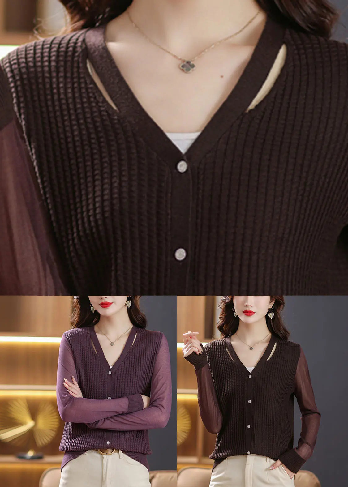 Sexy Coffee V Neck Patchwork Ice Size Knit Cardigan Fall Ada Fashion