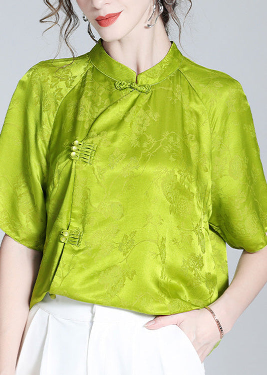 Sexy Grass Green Stand Collar Button Silk Top Short Sleeve LY0137 - fabuloryshop