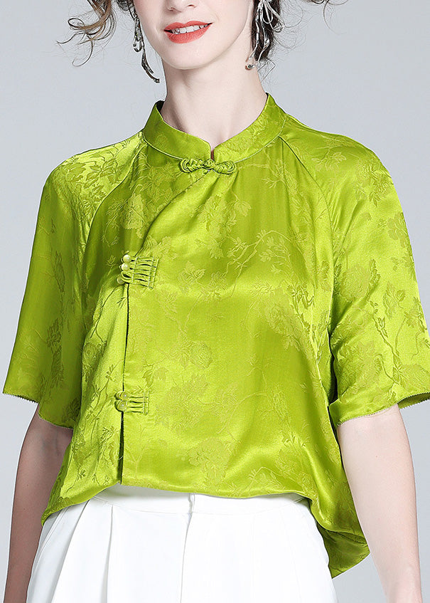 Sexy Grass Green Stand Collar Button Silk Top Short Sleeve LY0137 - fabuloryshop