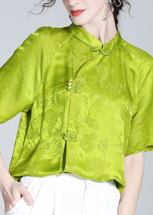 Sexy Grass Green Stand Collar Button Silk Top Short Sleeve LY0137 - fabuloryshop