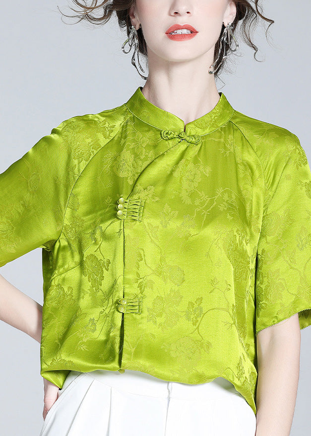 Sexy Grass Green Stand Collar Button Silk Top Short Sleeve LY0137 - fabuloryshop