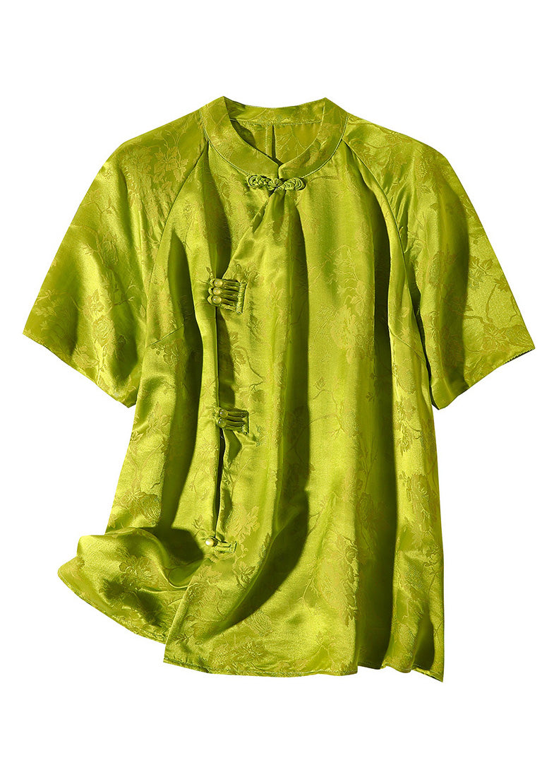 Sexy Grass Green Stand Collar Button Silk Top Short Sleeve LY0137 - fabuloryshop