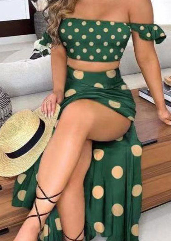 Sexy Green Off The Shoulder Dot Print Cotton Two Piece Set Summer LY1927 - fabuloryshop