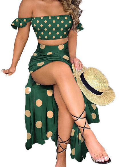 Sexy Green Off The Shoulder Dot Print Cotton Two Piece Set Summer LY1927 - fabuloryshop