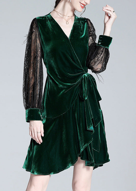 Sexy Green V Neck Tulle Patchwork Tie Waist Silk Velour Holiday Mid Dress Spring LY0711 - fabuloryshop