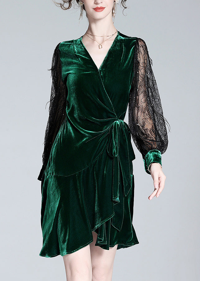 Sexy Green V Neck Tulle Patchwork Tie Waist Silk Velour Holiday Mid Dress Spring LY0711 - fabuloryshop