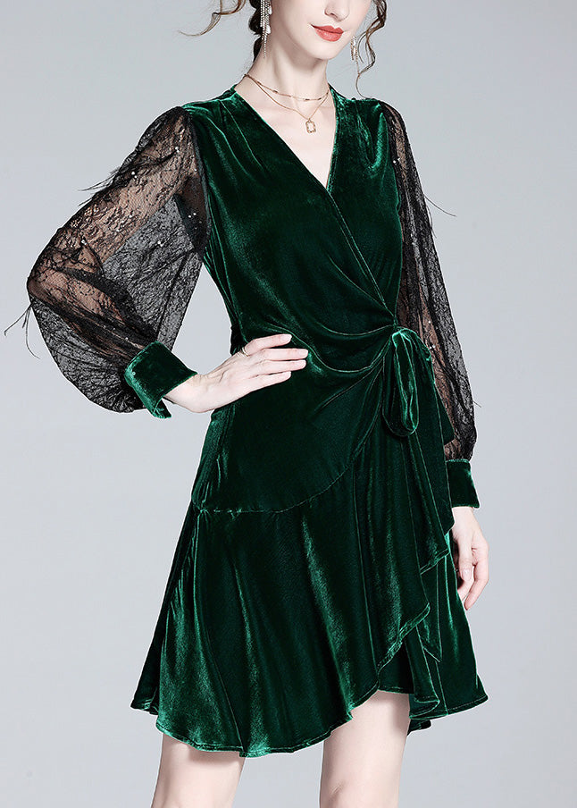Sexy Green V Neck Tulle Patchwork Tie Waist Silk Velour Holiday Mid Dress AC3017