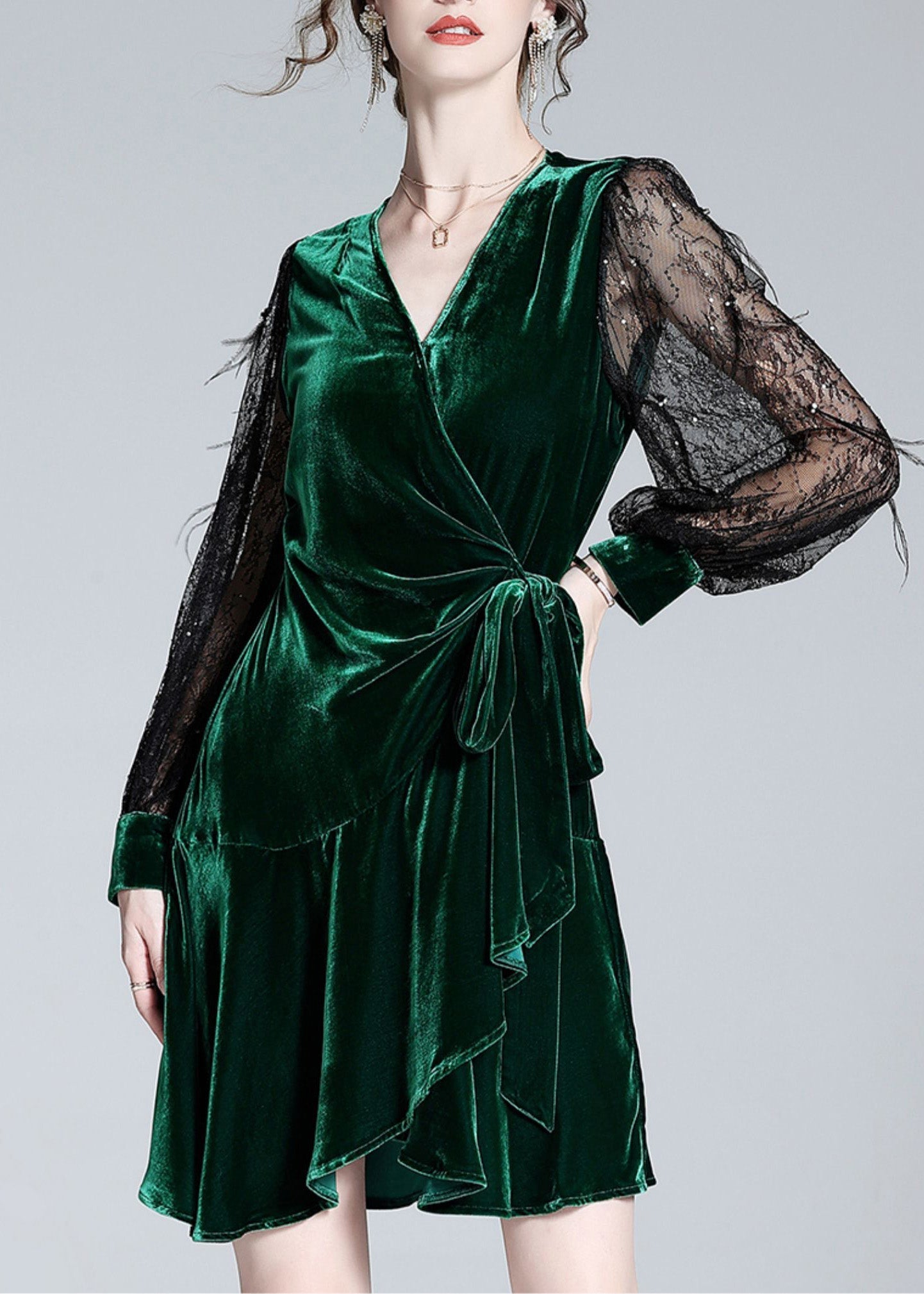 Sexy Green V Neck Tulle Patchwork Tie Waist Silk Velour Holiday Mid Dress AC3017 - fabuloryshop