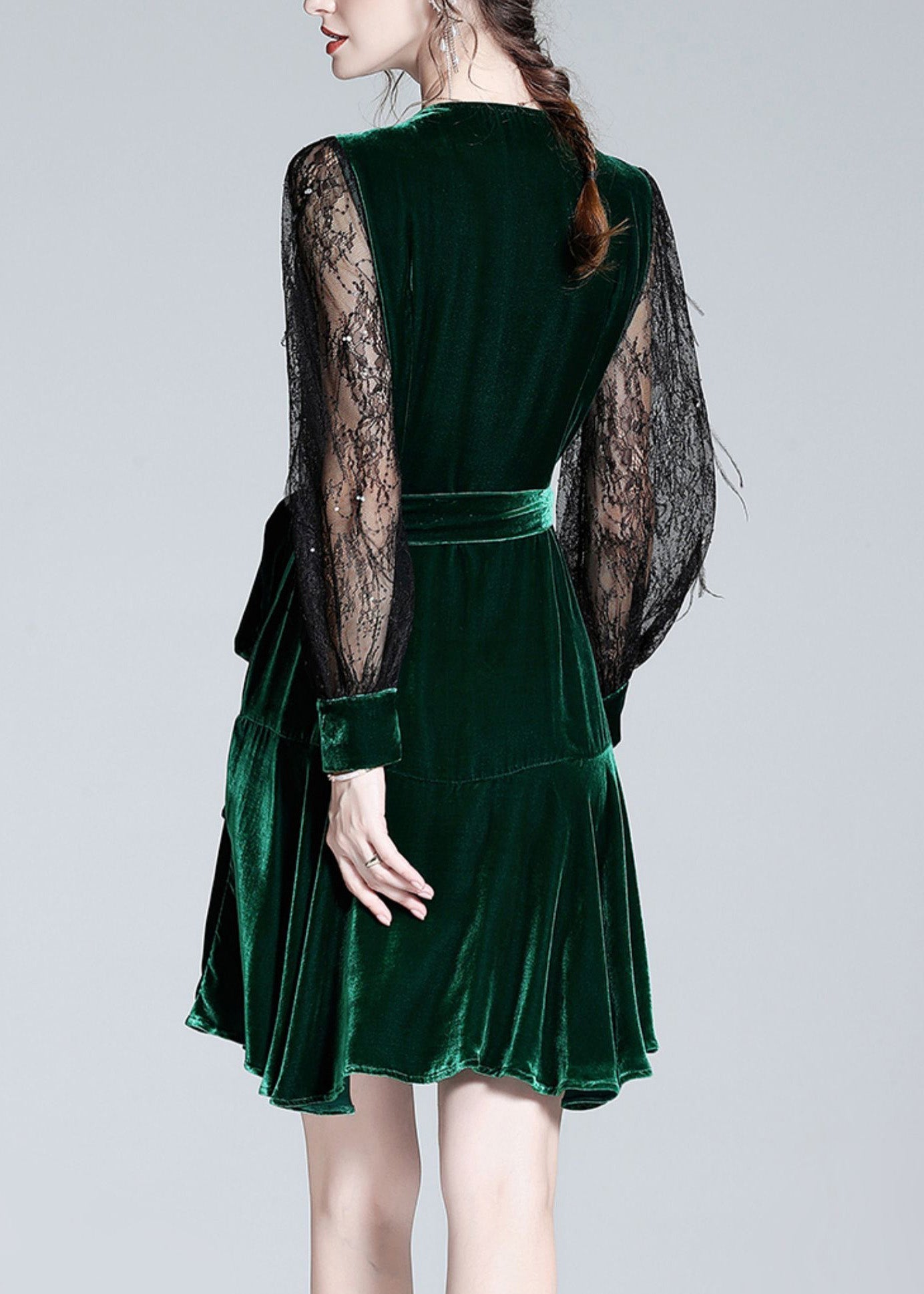 Sexy Green V Neck Tulle Patchwork Tie Waist Silk Velour Holiday Mid Dress Spring LY0711 - fabuloryshop