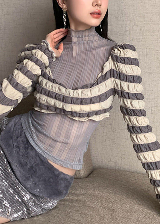 Sexy Grey Turtleneck Patchwork Tulle T Shirts Long Sleeve LY0802 - fabuloryshop