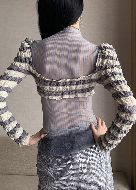 Sexy Grey Turtleneck Patchwork Tulle T Shirts Long Sleeve LY0802 - fabuloryshop