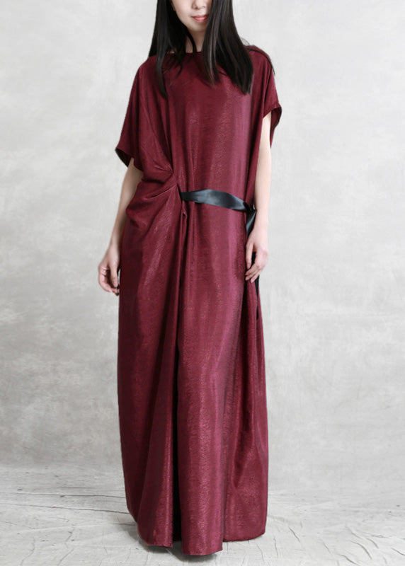 Sexy Mulberry O-Neck Asymmetrical Tie Waist Silk Long Dresses Short Sleeve LY5111 - fabuloryshop