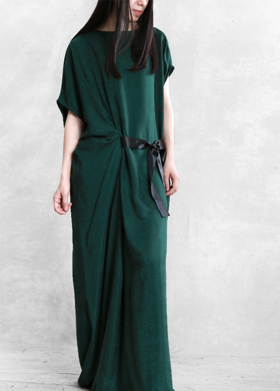 Sexy Mulberry O-Neck Asymmetrical Tie Waist Silk Long Dresses Short Sleeve LY5111 - fabuloryshop