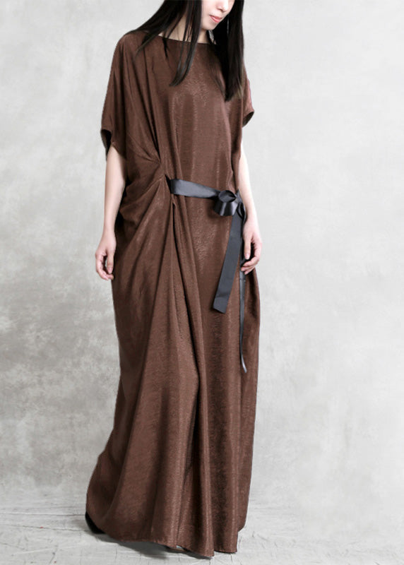 Sexy Mulberry O-Neck Asymmetrical Tie Waist Silk Long Dresses Short Sleeve LY5111 - fabuloryshop