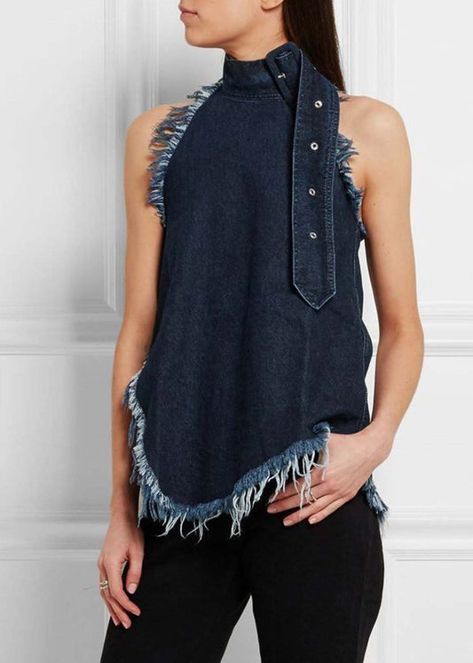 Sexy Navy Stand Collar Tassel Denim Vests Sleeveless LY4025 - fabuloryshop