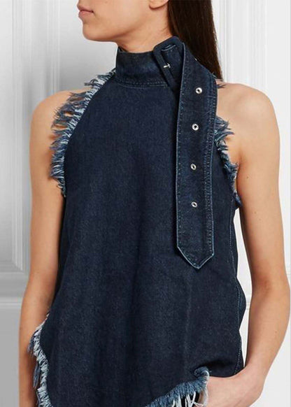 Sexy Navy Stand Collar Tassel Denim Vests Sleeveless LY4025 - fabuloryshop