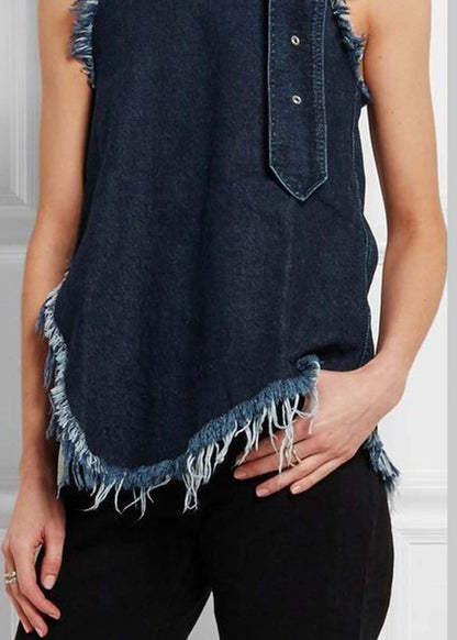 Sexy Navy Stand Collar Tassel Denim Vests Sleeveless LY4025 - fabuloryshop