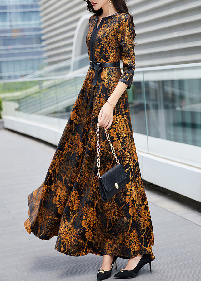 Sexy Orange Print Sashes Long Traveling Dress Spring LY1705 - fabuloryshop