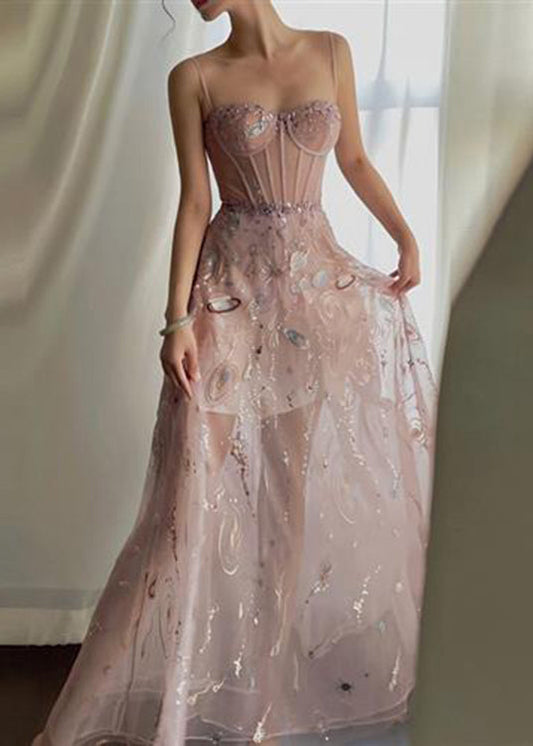 Sexy Pink Embroideried Sequins Slim Fit Tulle Maxi Dresses Sleeveless LY2667 - fabuloryshop