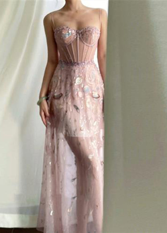 Sexy Pink Embroideried Sequins Slim Fit Tulle Maxi Dresses Sleeveless LY2667 - fabuloryshop