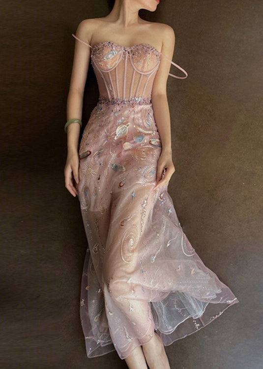 Sexy Pink Embroideried Sequins Slim Fit Tulle Maxi Dresses Sleeveless LY2667 - fabuloryshop