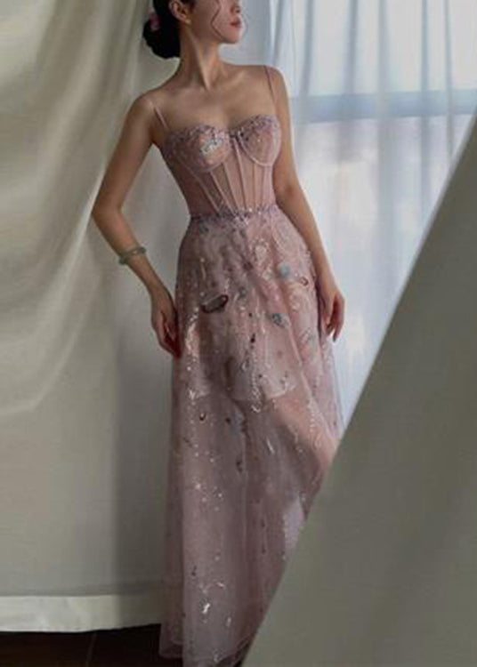 Sexy Pink Embroideried Sequins Slim Fit Tulle Maxi Dresses Sleeveless LY2667 - fabuloryshop