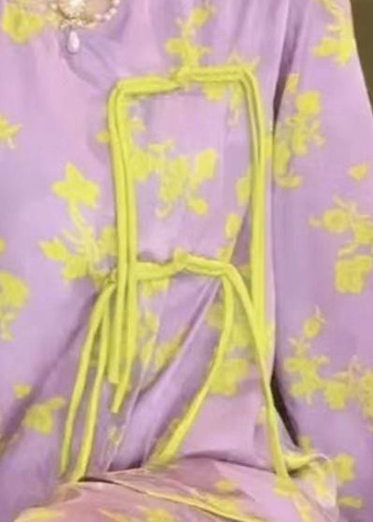 Sexy Purple O-Neck Print Button Ice Silk Pajamas Two Piece Set Spring TO1043 - fabuloryshop
