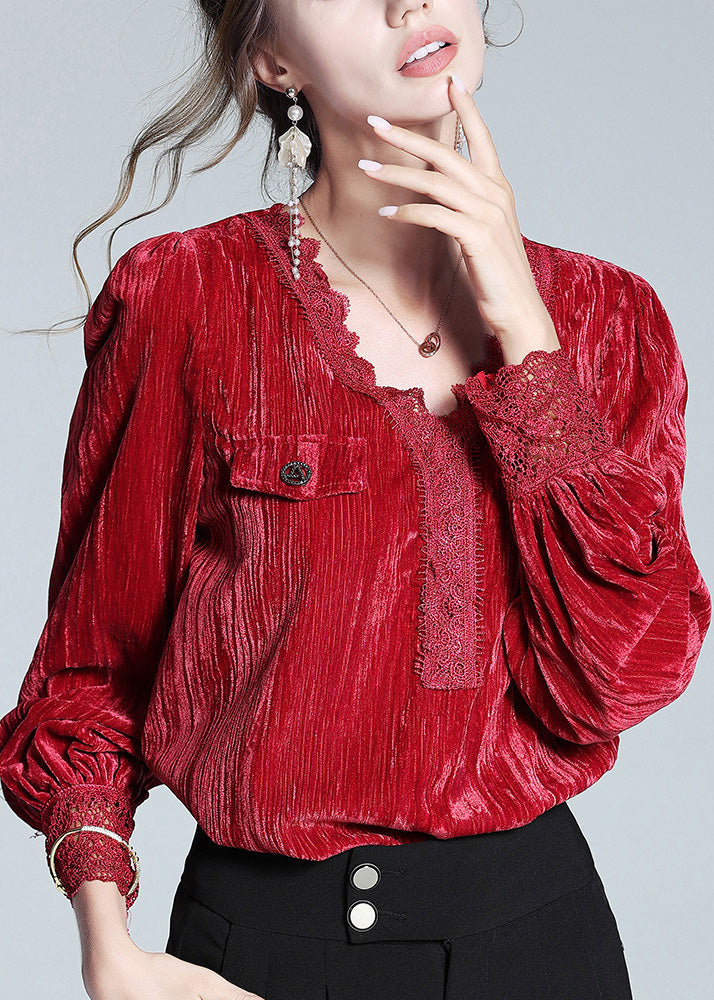 Sexy Red V Neck Lace Patchwork Silk Velour Top Long Sleeve LY0951 - fabuloryshop
