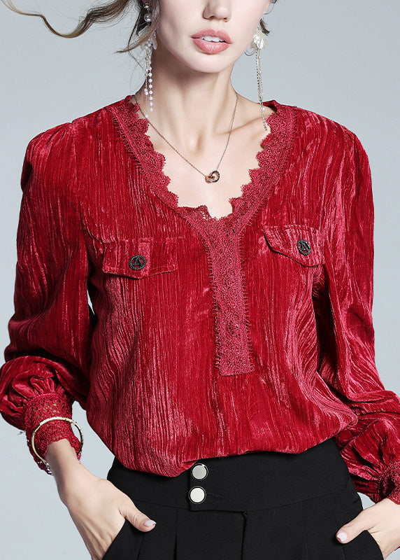 Sexy Red V Neck Lace Patchwork Silk Velour Top Long Sleeve LY0951 - fabuloryshop