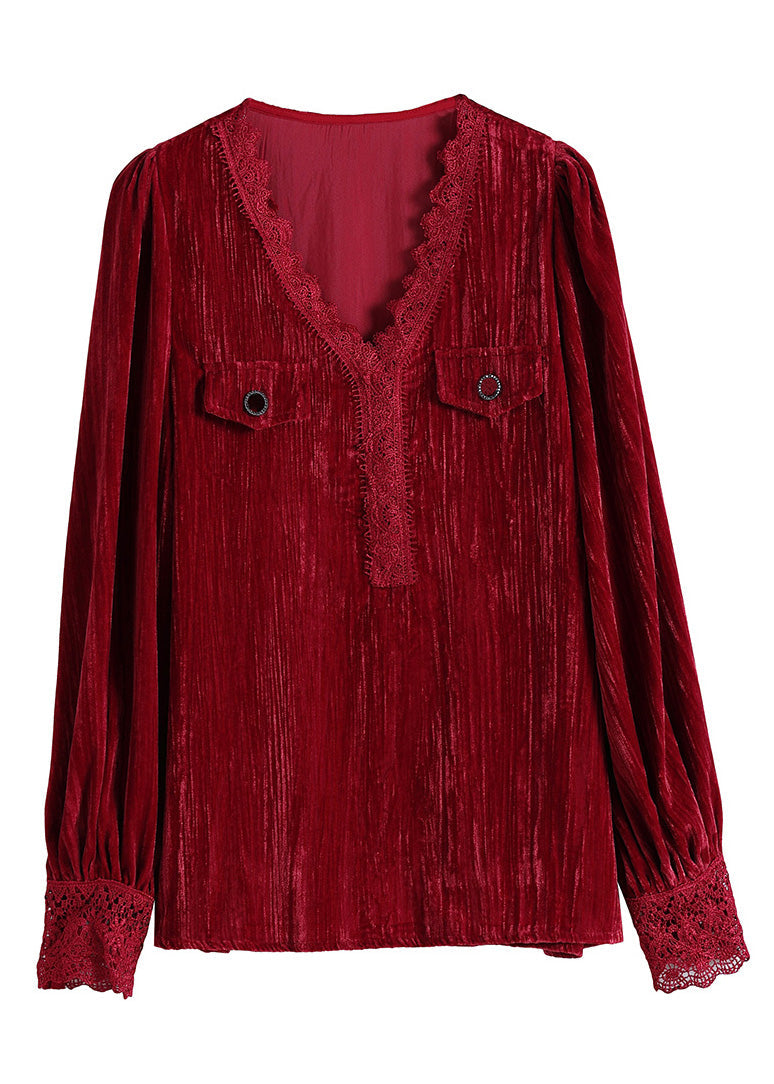Sexy Red V Neck Lace Patchwork Silk Velour Top Long Sleeve LY0951 - fabuloryshop