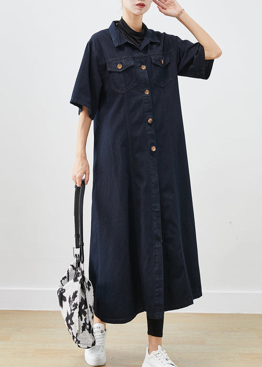 Silm Fit Navy Button Down Cotton A Line Dresses Short Sleeve Ada Fashion