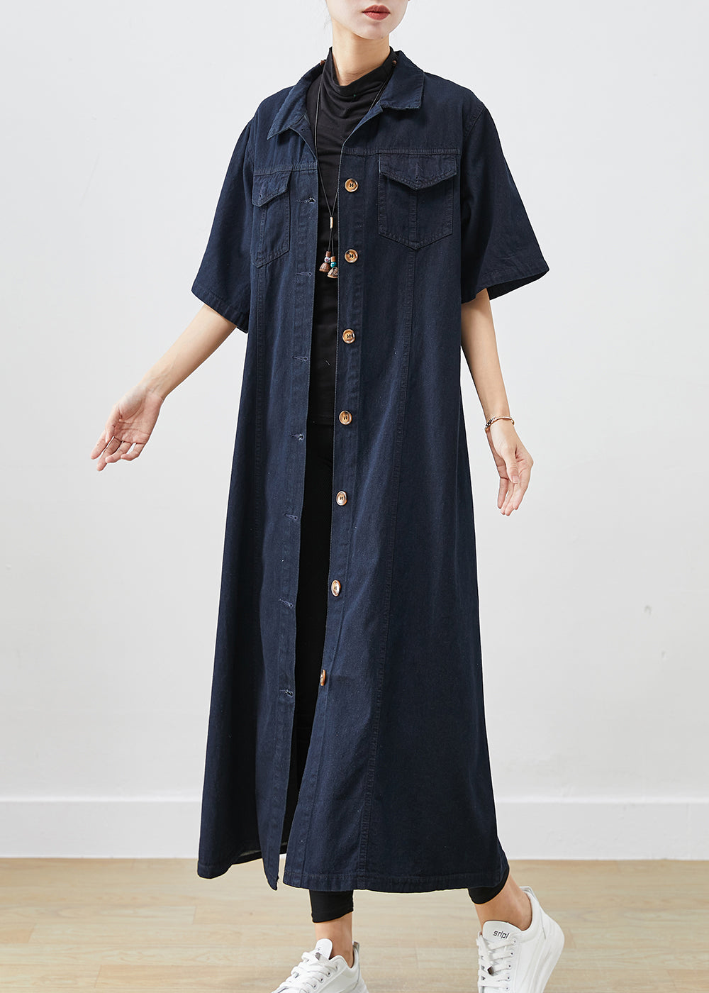 Silm Fit Navy Button Down Cotton A Line Dresses Short Sleeve Ada Fashion