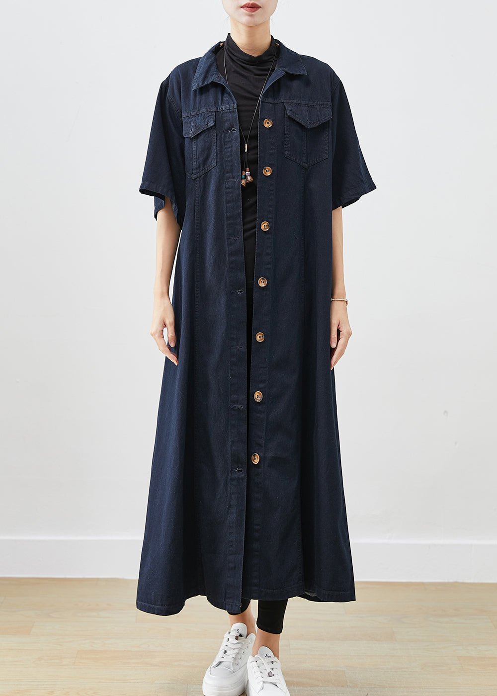 Silm Fit Navy Button Down Cotton A Line Dresses Short Sleeve Ada Fashion