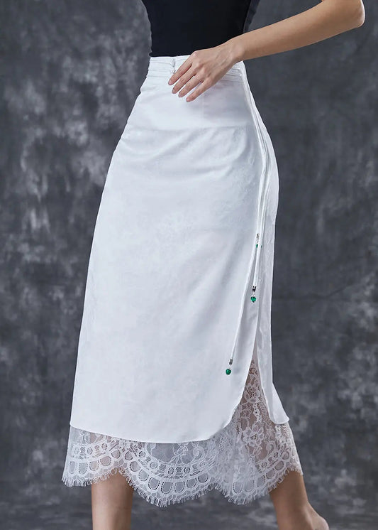 Silm Fit White Tasseled Lace Patchwork Cotton Wraped Skirt Fall Ada Fashion
