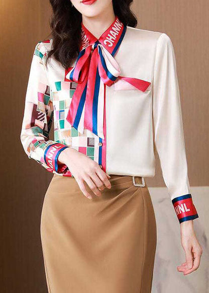 Simple Apricot Bow Print Patchwork Silk Blouse Top Spring LY0380 - fabuloryshop