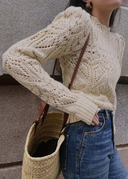 Apricot Hollow Out Patchwork Knit Sweaters