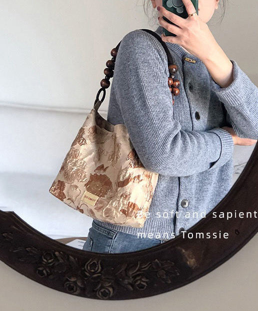 Simple Apricot Jacquard Original Design Canvas Satchel Handbag LY1757 - fabuloryshop