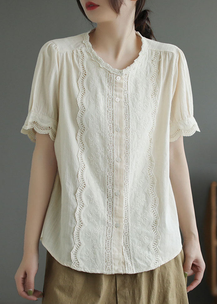 Simple Apricot O-Neck Lace Patchwork Cotton Shirt Top Summer LY4988 - fabuloryshop