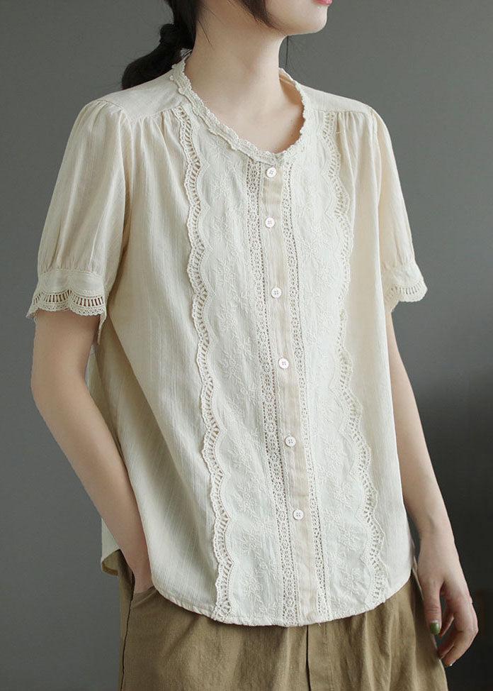 Simple Apricot O-Neck Lace Patchwork Cotton Shirt Top Summer LY4988 - fabuloryshop