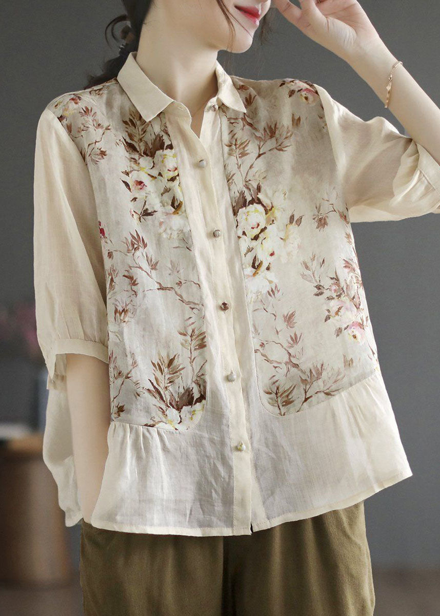 Simple Apricot Peter Pan Collar Print Linen Blouse Top Summer LY0208 - fabuloryshop