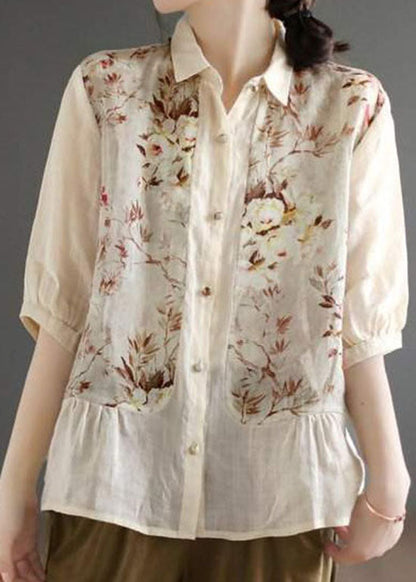 Simple Apricot Peter Pan Collar Print Linen Blouse Top Summer LY0208 - fabuloryshop