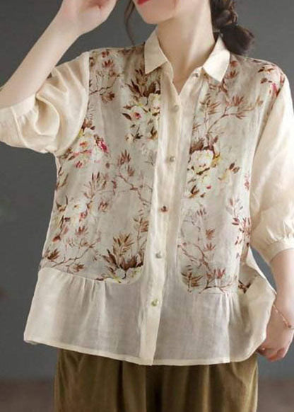 Simple Apricot Peter Pan Collar Print Linen Blouse Top Summer LY0208 - fabuloryshop