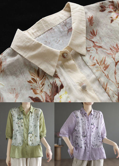 Simple Apricot Peter Pan Collar Print Linen Blouse Top Summer LY0208 - fabuloryshop