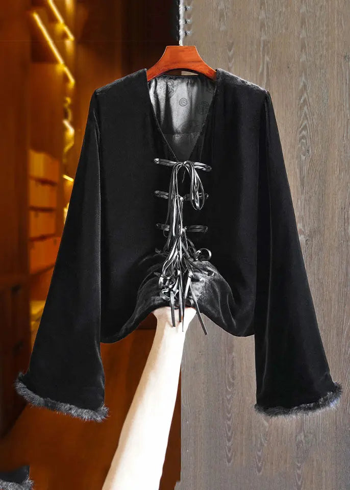 Simple Apricot V Neck Tassel Button Warm Silk Velour Jackets Winter Ada Fashion