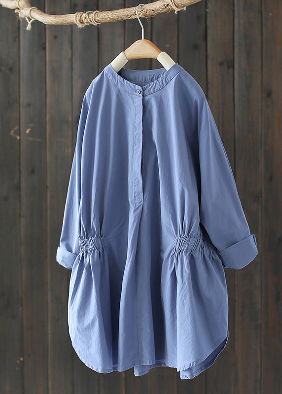 Simple Baby Blue O-Neck Wrinkled Button Solid Shirts Long Sleeve LY5259 - fabuloryshop