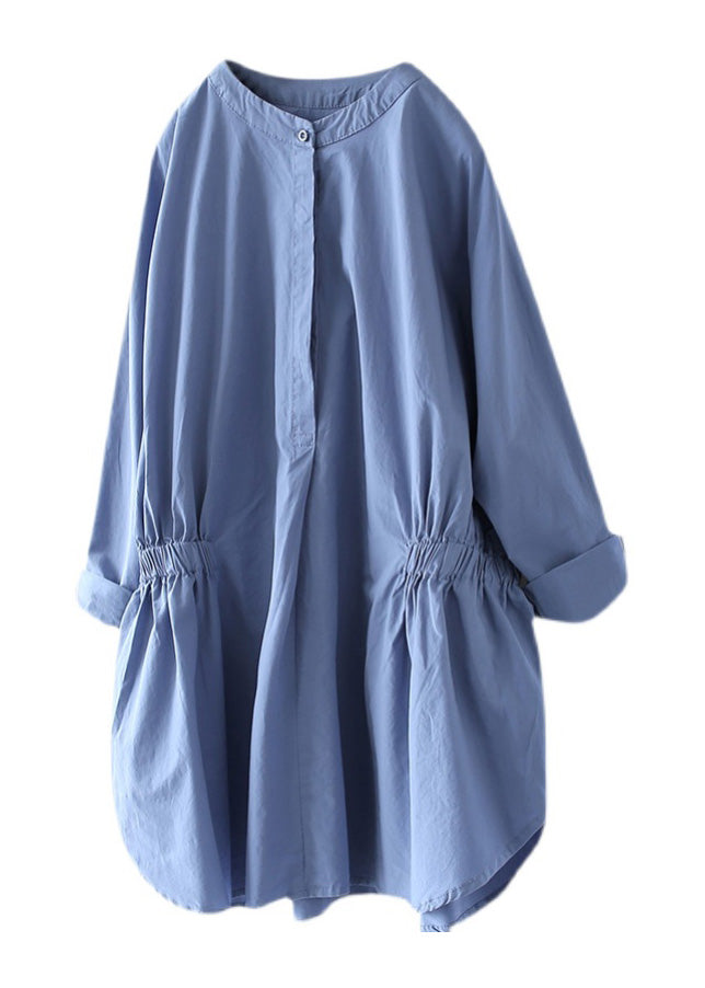 Simple Baby Blue O-Neck Wrinkled Button Solid Shirts Long Sleeve LY5259 - fabuloryshop