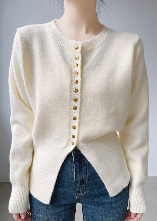 Beige Button Patchwork Cotton Knit Tops Fall