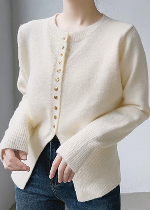 Beige Knopf Patchwork Baumwolle Strick Tops Herbst