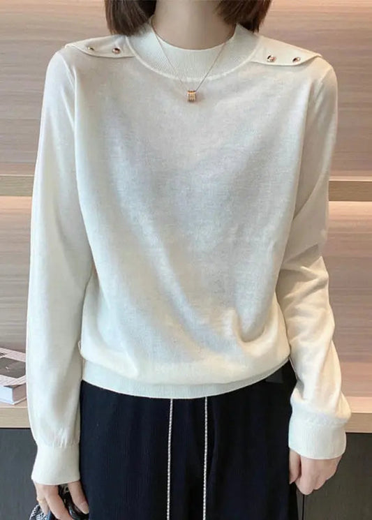 Simple Beige O Neck Patchwork Cozy Cotton Knit Tops Long Sleeve Ada Fashion