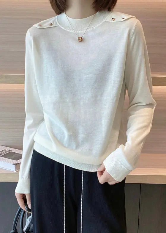 Simple Beige O Neck Patchwork Cozy Cotton Knit Tops Long Sleeve Ada Fashion